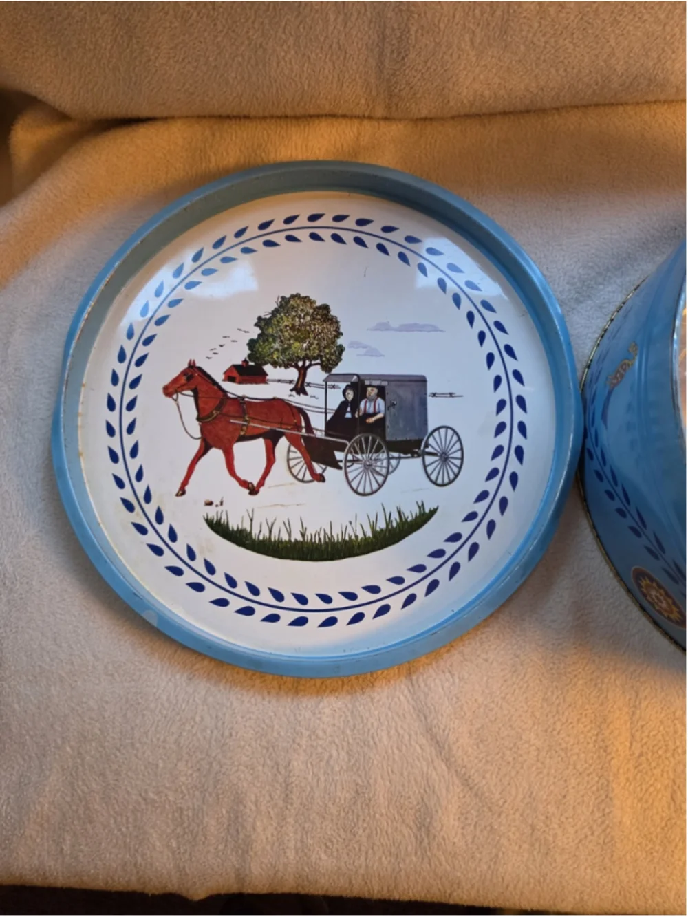Vintage 1970s Pennsylvania Dutch Blue Metal Cookie Tin Tray Lid Folk Art Amish